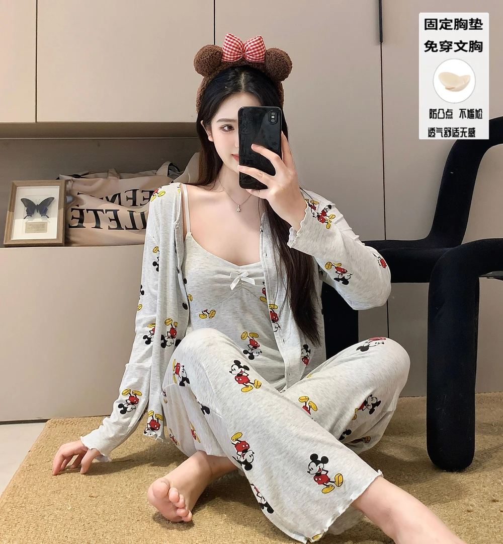 直播秋季睡衣女吊带长袖开衫三件套带胸垫宽松休闲米奇家居服套装