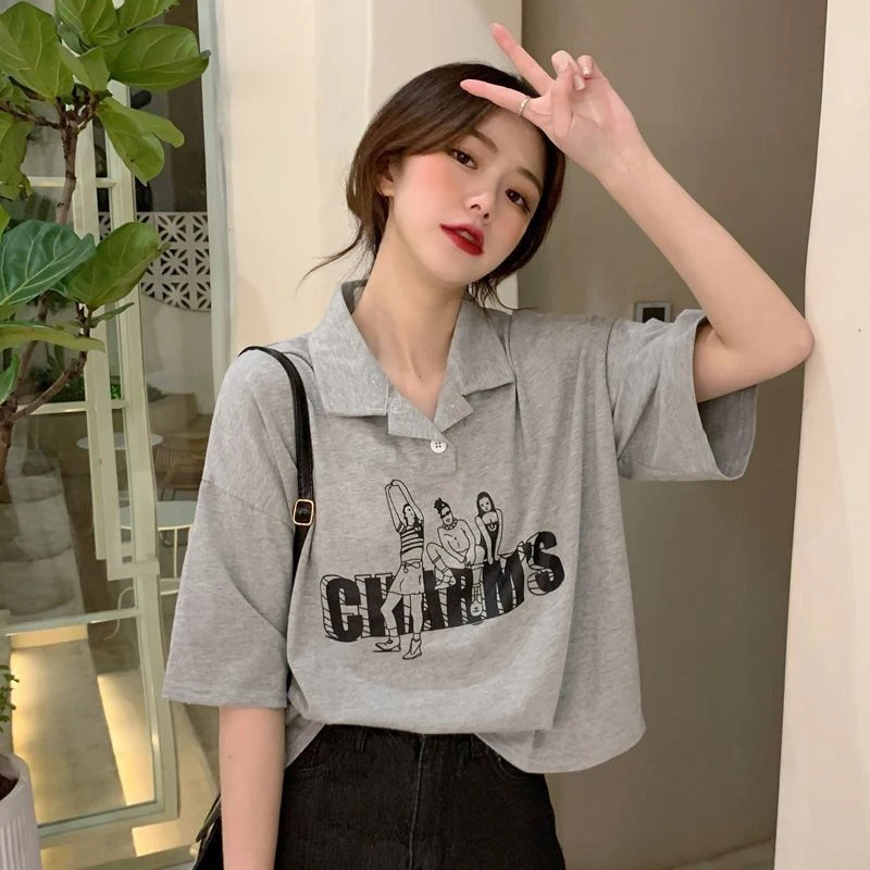 短款polo领短袖T恤女2025年夏季翻领上衣休闲设计感学生韩版百搭