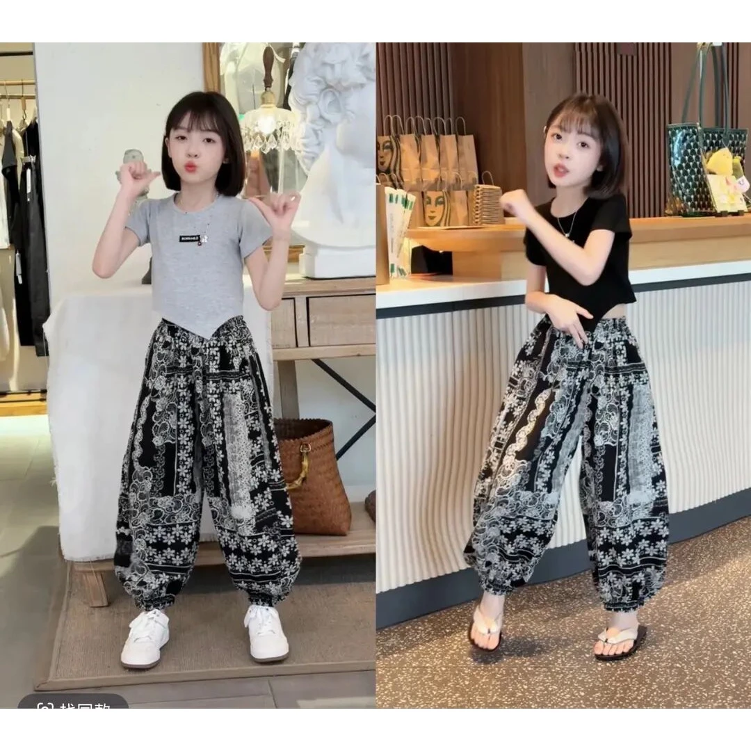 【洋气套装】女童夏短袖不规则T恤2025新韩版薄款防蚊裤夏装两件套