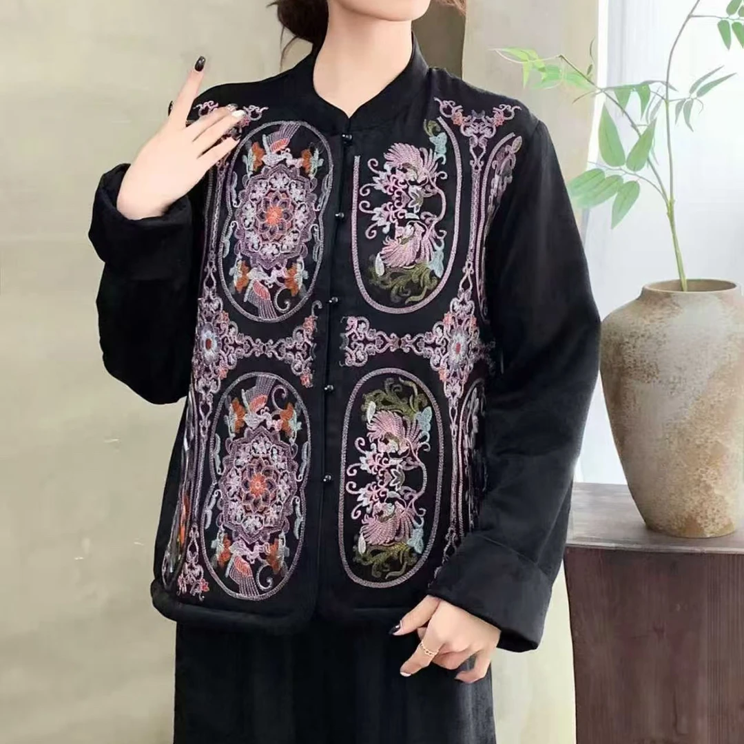 2025秋冬新款新中式国风棉衣复古刺绣缎面加棉国风棉服上衣
