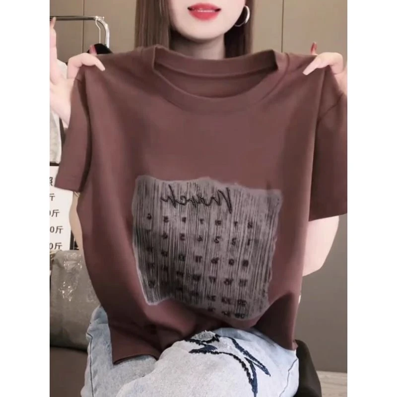今年新款2025夏季咖色短袖T恤女重工镶钻设计感高级显瘦气质半袖