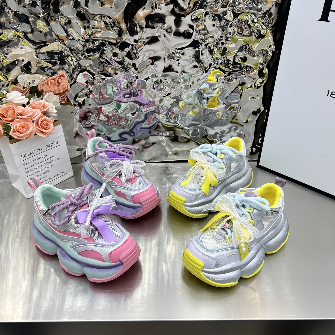 新款多巴胺撞色珍珠蝴蝶结厚底老爹鞋时尚百搭夏季透气潮流网面