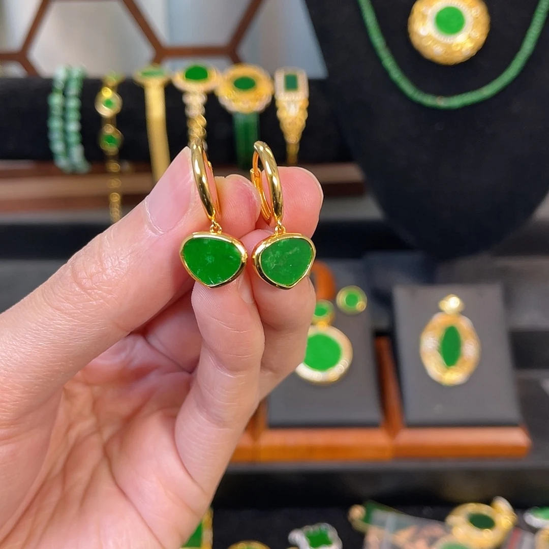 翡翠耳饰银S925镀金镶嵌