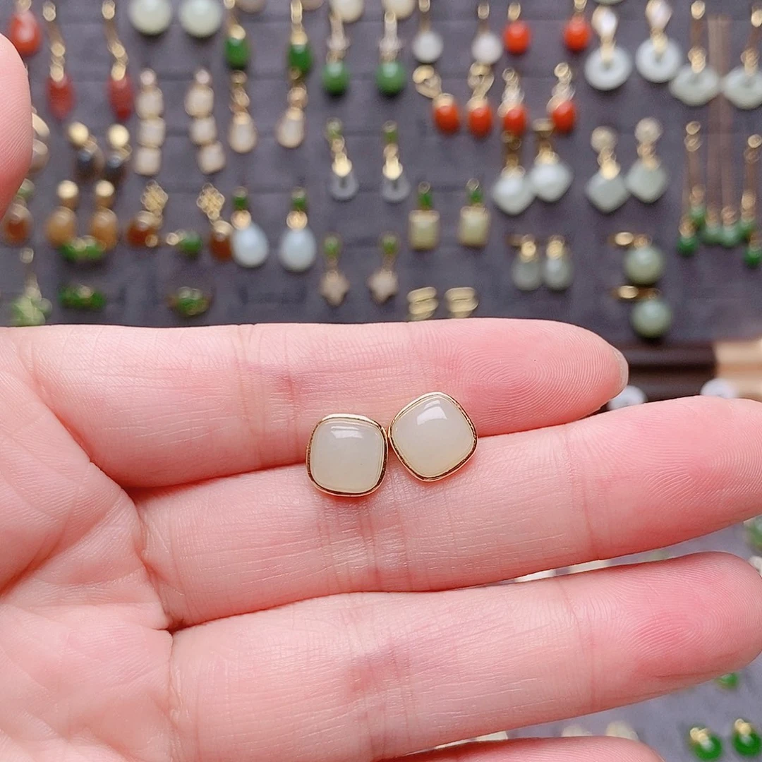 和田玉银S925镶嵌耳饰