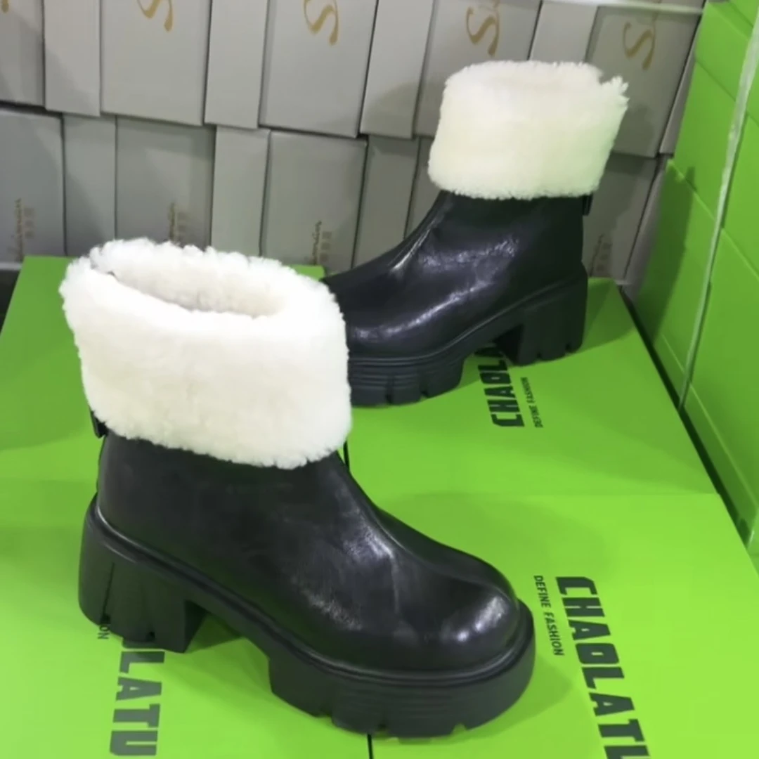 诗涵家 真皮羊羔毛加绒厚底马丁靴8810-1