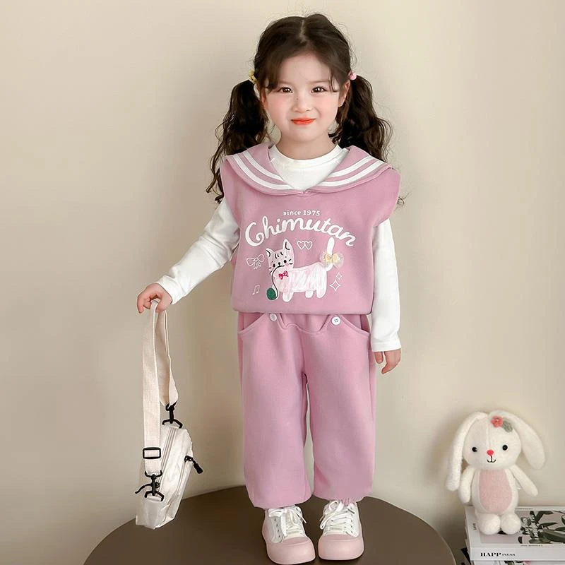 MK&UR.BV小童海军领卫衣套装春秋女宝宝休闲运动小女孩卡通三件套