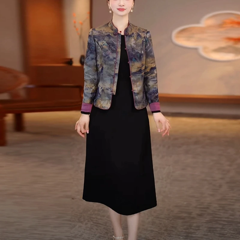 帛莱精纺中式国风套装裙2025春季新款长袖气质复古两件套连衣裙子