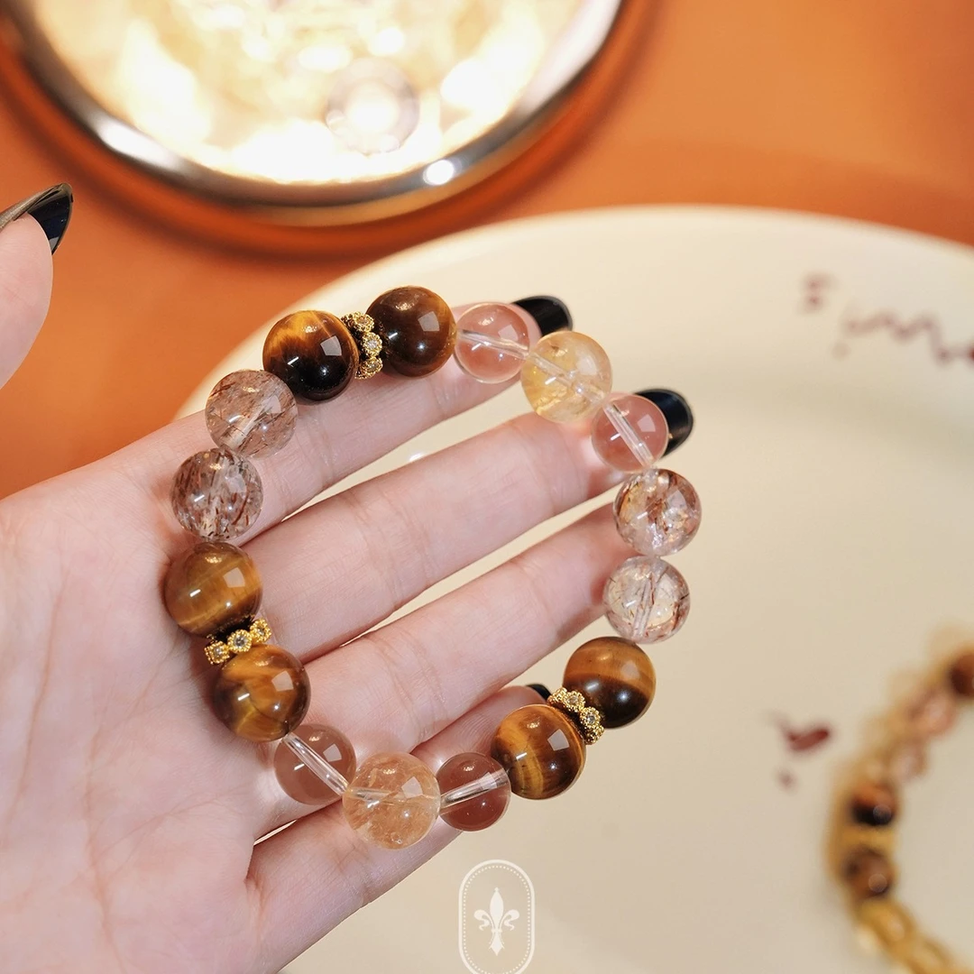 合金仿水晶手链 大颗彩色虎眼黑金招财百搭圆珠手链女款首饰手饰