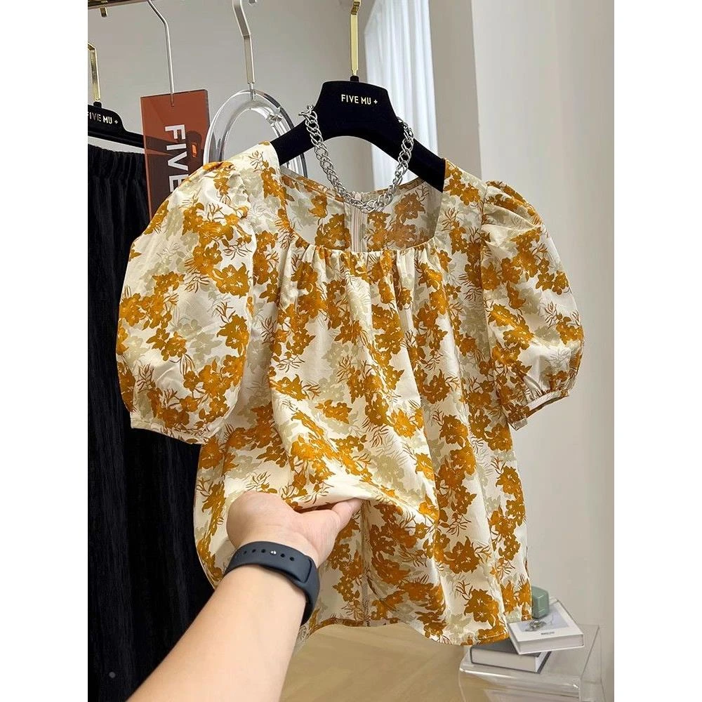 胖mm特大码300斤法式洋气碎花衬衫女夏季宽松娃娃衫泡泡短袖上衣2