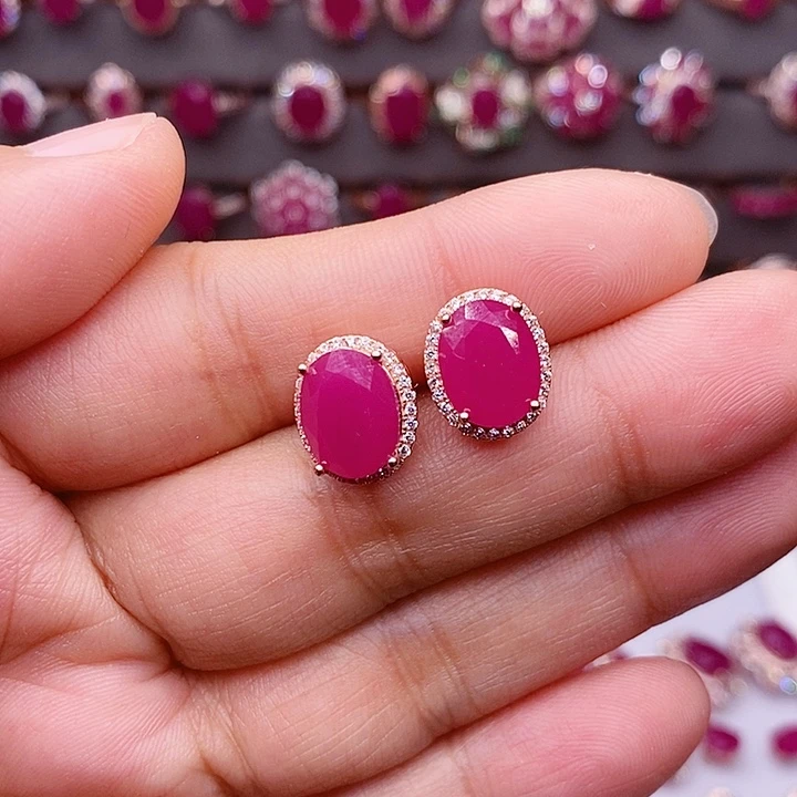 耳饰银S925镶嵌红宝石