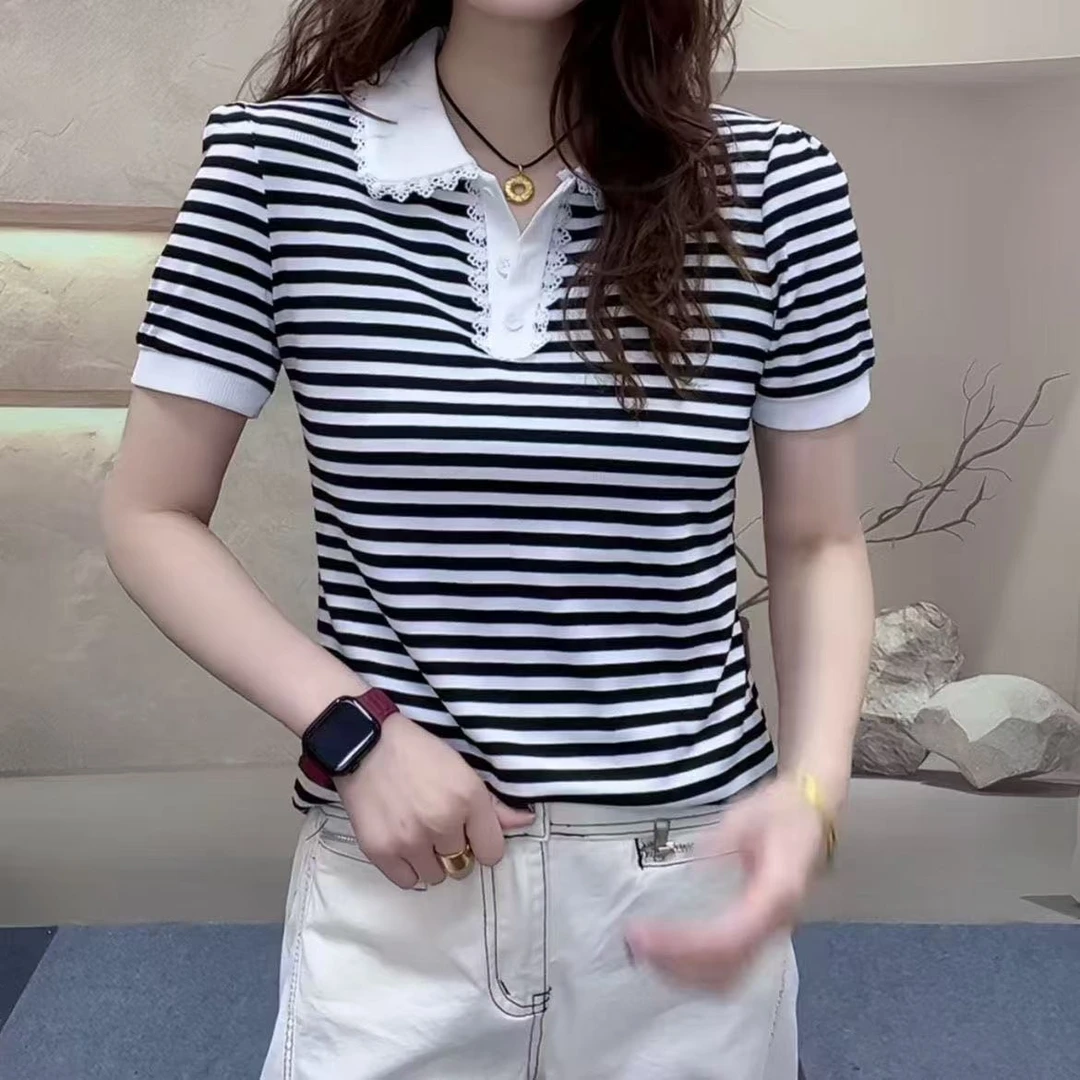 夏季蕾丝拼接POLO领短袖女士条纹时尚洋气简约百搭法式显瘦t恤