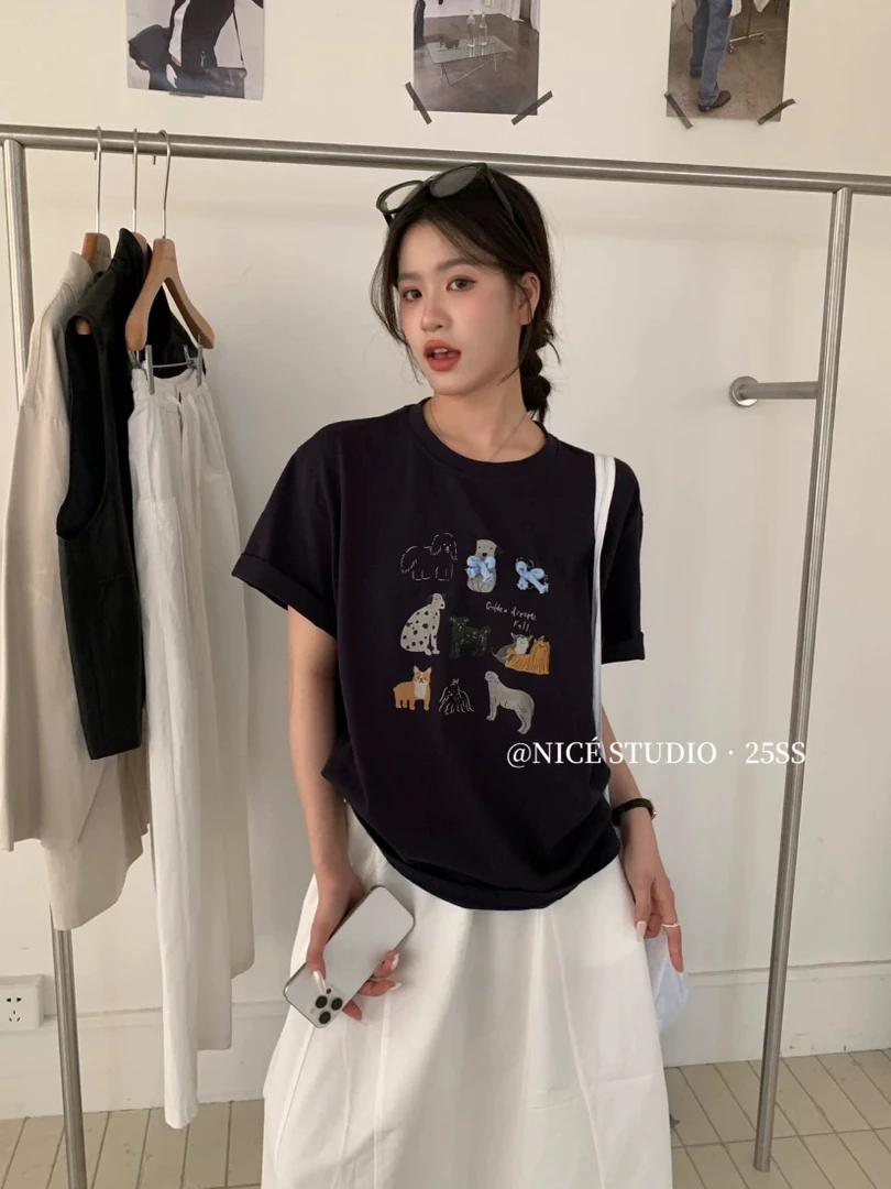 韩版小狗印花圆领修身型短袖通勤T恤夏季黑色t恤ins半袖印花风