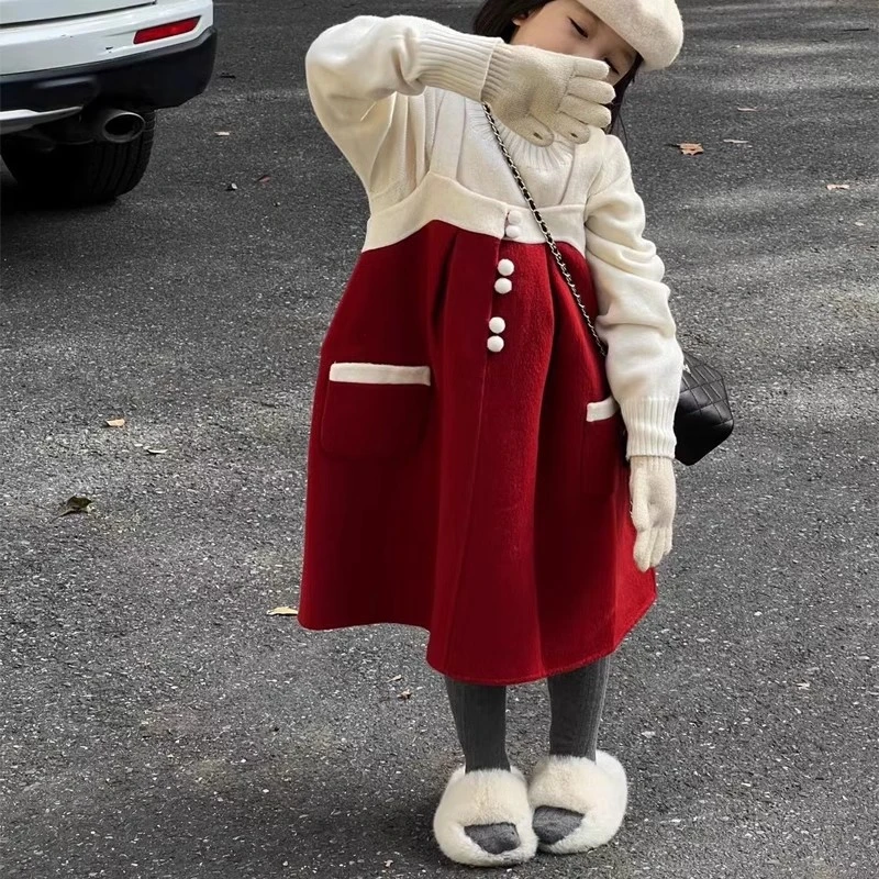 现货）韩版童装女童连衣裙秋冬新款儿童洋气时髦红色加厚背心裙