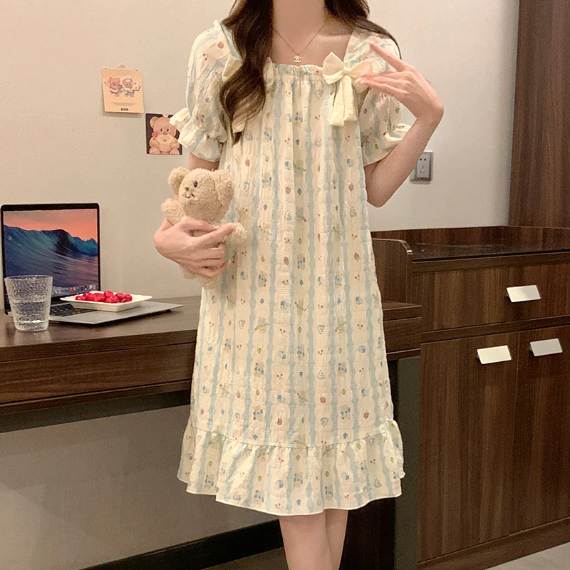 带胸垫短袖睡裙女夏季睡衣可爱甜美卡通中长裙云朵棉网红风家居服