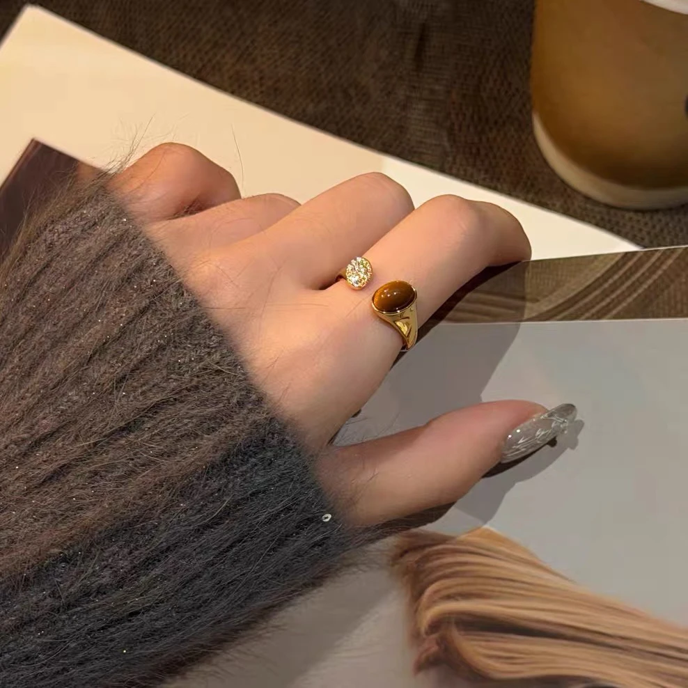 合金戒指 十里间【虎眼石戒指】简约百搭中古开口亮晶晶中戒指环