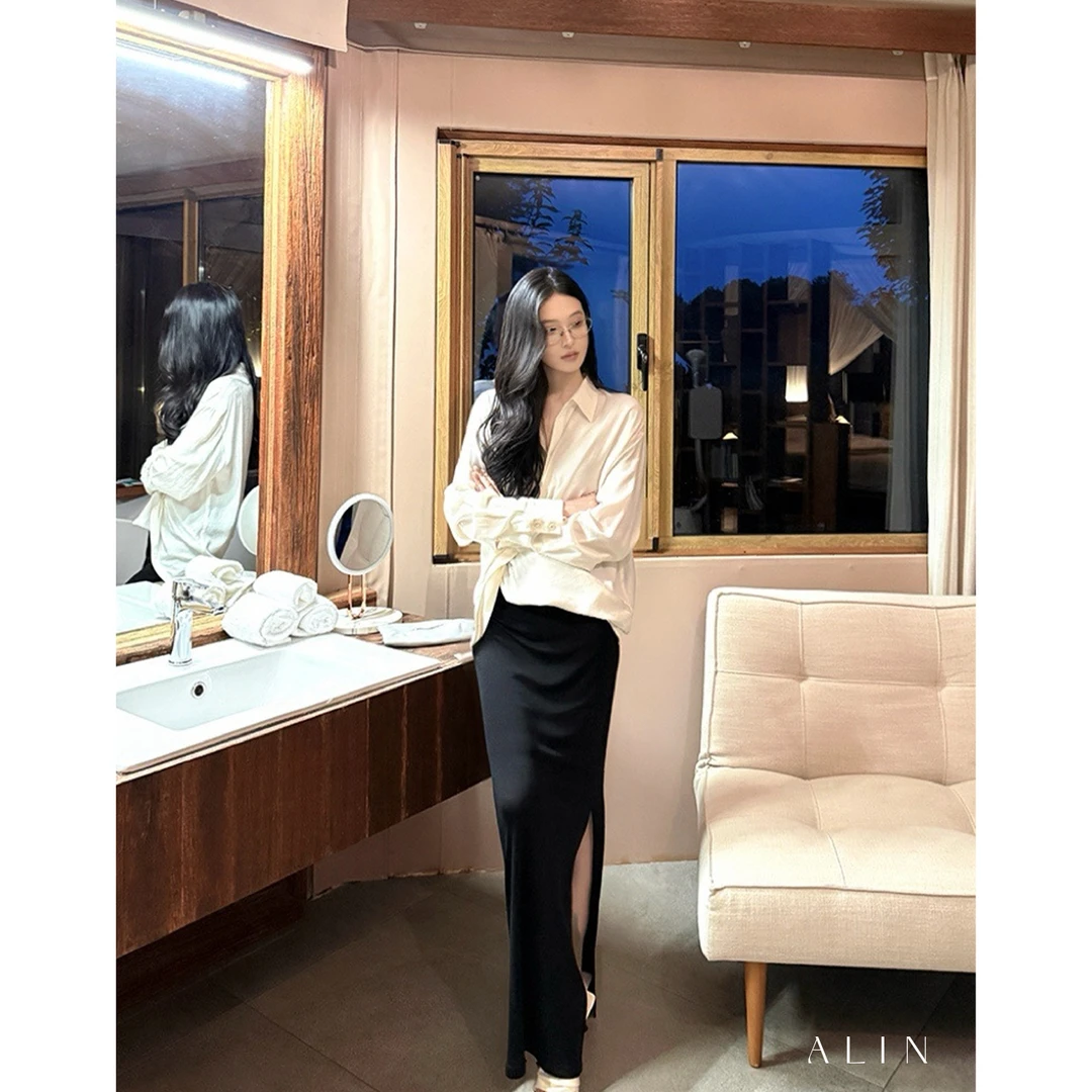 阿琳ALIN【墨影】莱赛尔绵羊毛针织半裙抽褶高腰修身半身裙AL5FBZ13