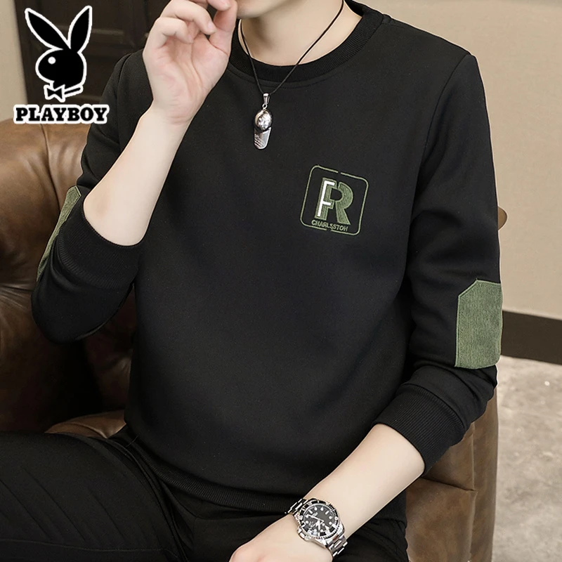 花花公子男士卫衣2025春秋款秋衣长袖T恤加绒加厚上衣服打底衫男