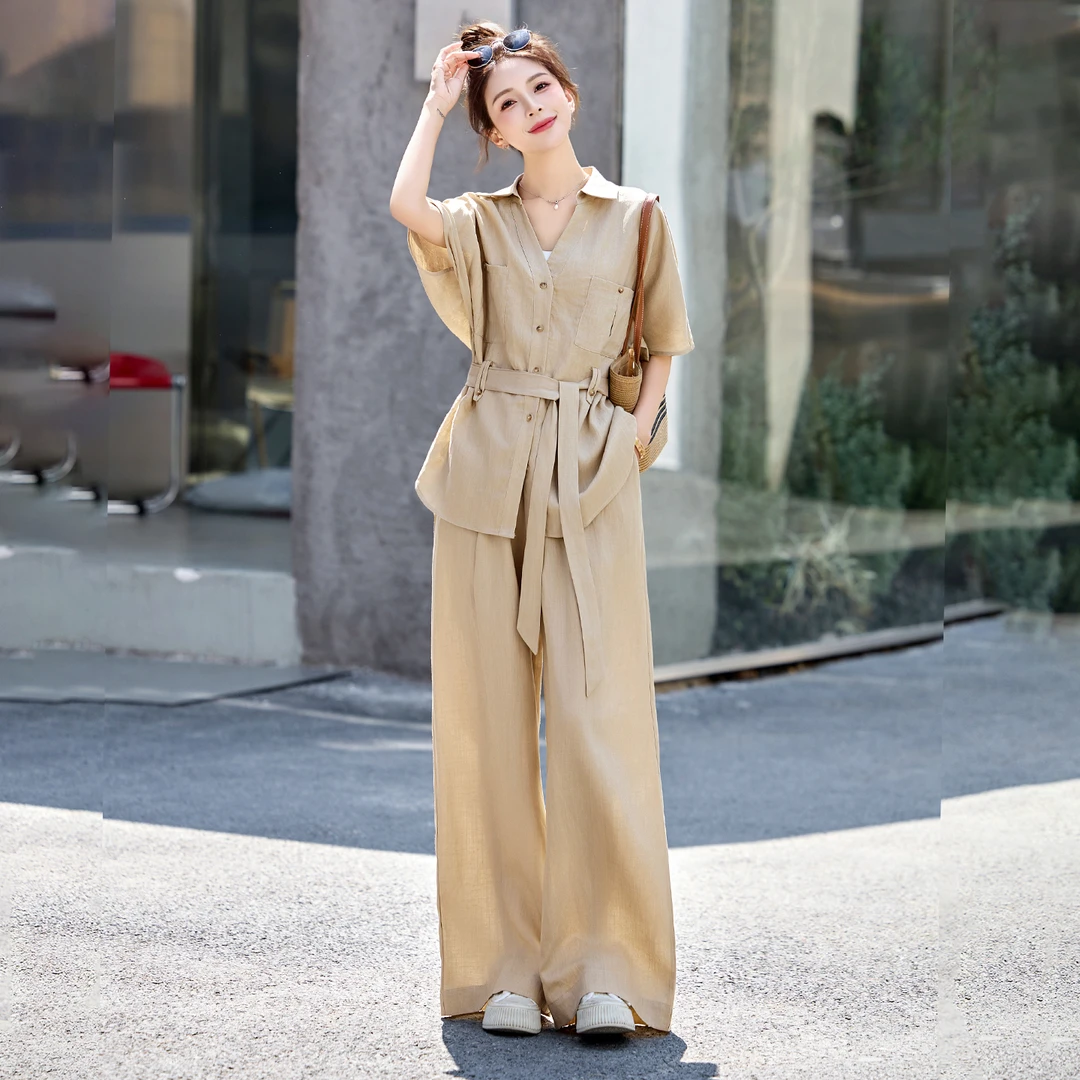 休闲大码设计感衬衫套装女2025夏季新款收腰显瘦垂感阔腿裤两件套