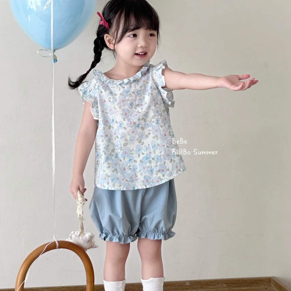bi8bo2025夏季新款女童纯棉套装休闲韩版碎花无袖两件套31233