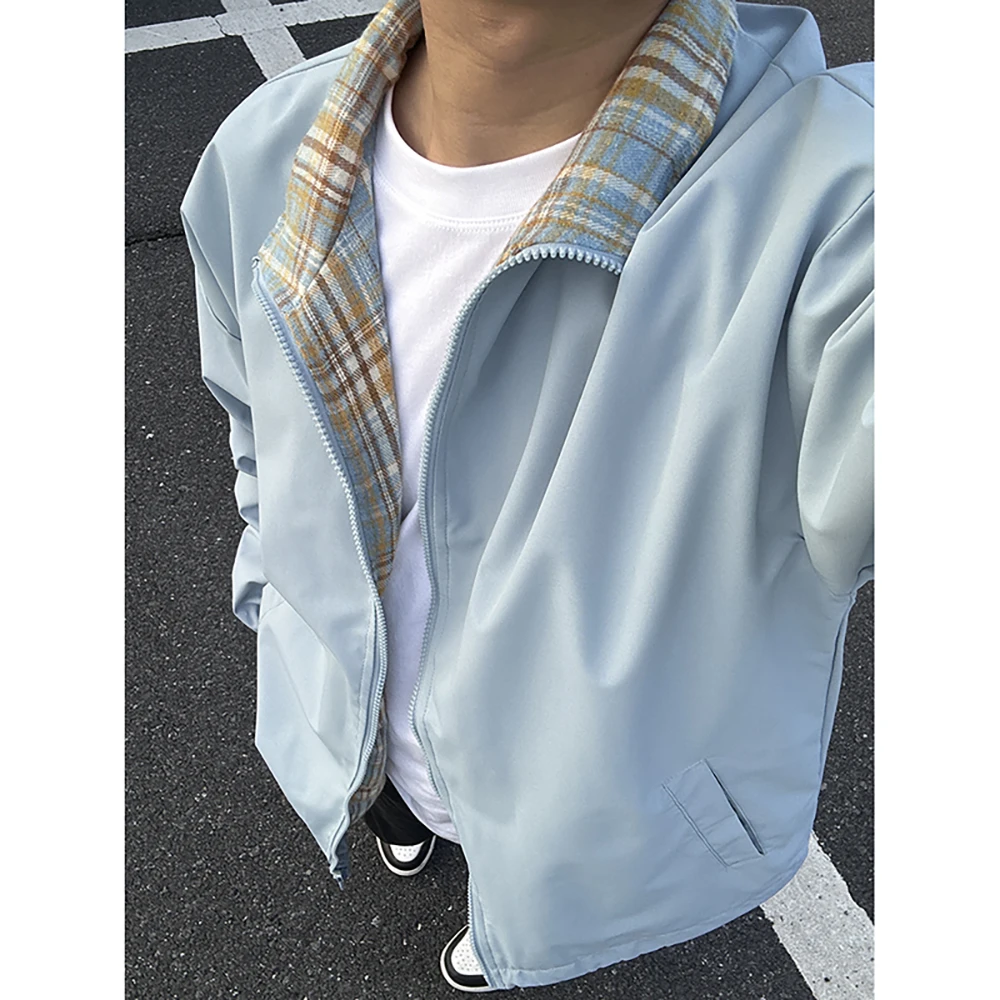 fitcheck格子拼接夹克男2025秋季新款日系少年感无帽立领上衣外套