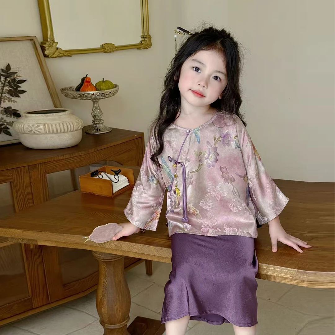 女童汉服儿童国风套装秋季新中式粉色旗袍长袖上衣对襟女宝格格装