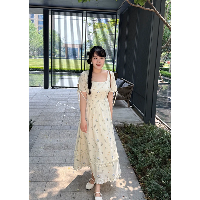 现货51358新款夏季法式小清新碎花系带裙胖mm收腰显瘦大码连衣裙
