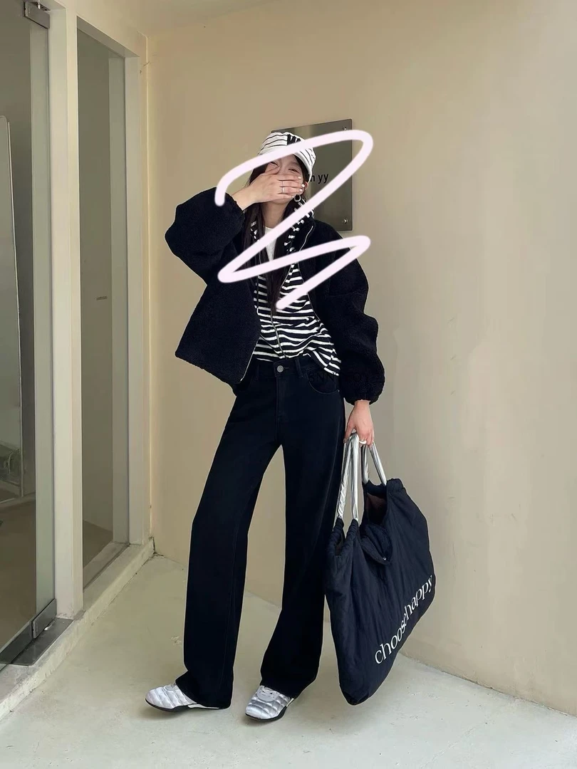 SU【902】代85 愫玥 加绒窄版直筒牛仔裤2025新款黑色中小个子阔腿