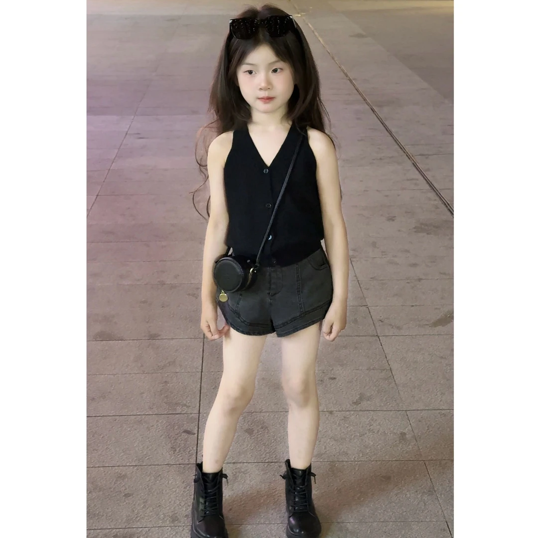 女童设计感气质背心复古2025夏季韩版拼接牛仔热裤弹力女童套装