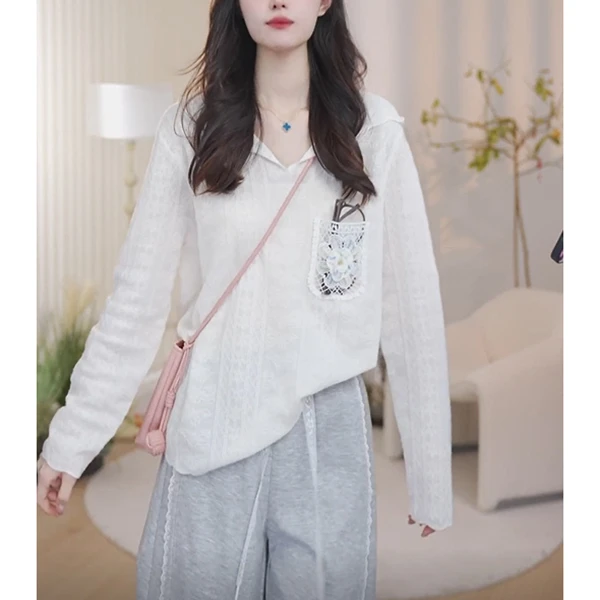 2025春季新款小众设计感蕾丝连帽薄款针织衫时尚气质减龄百搭上衣