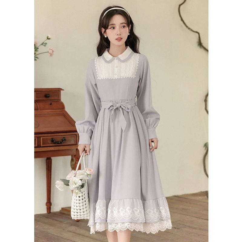 气质女装2025春秋十三行新行文艺复古灰蓝色假两件长裙温柔女款长