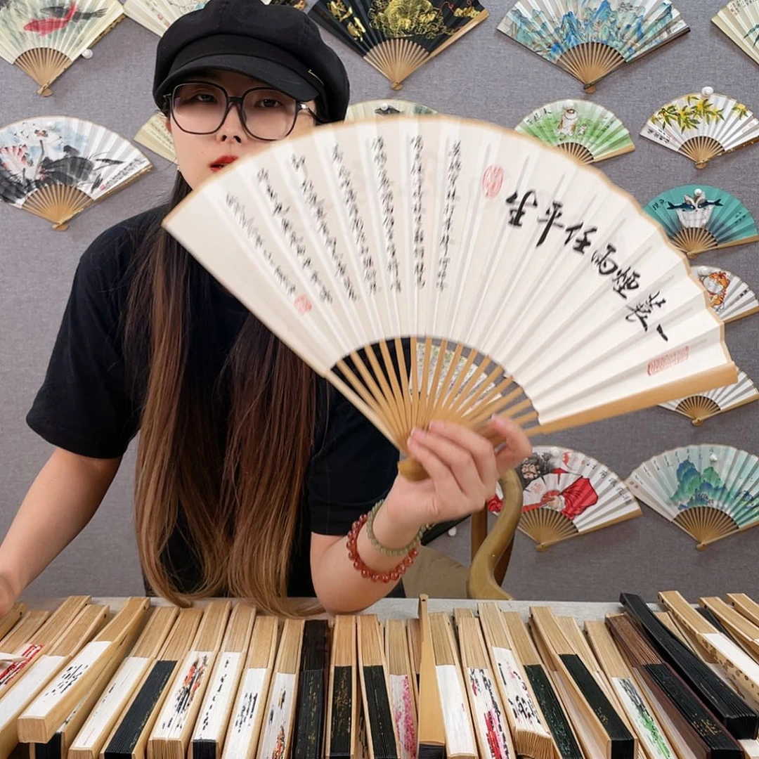 国画95寸玉竹-纯手绘-文玩扇骨（默认粘好）