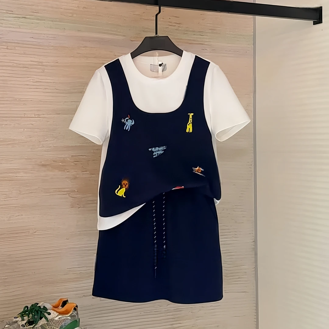 时尚套装女2025夏季显瘦上衣裙子套装两件套新款假两件拼接设计感