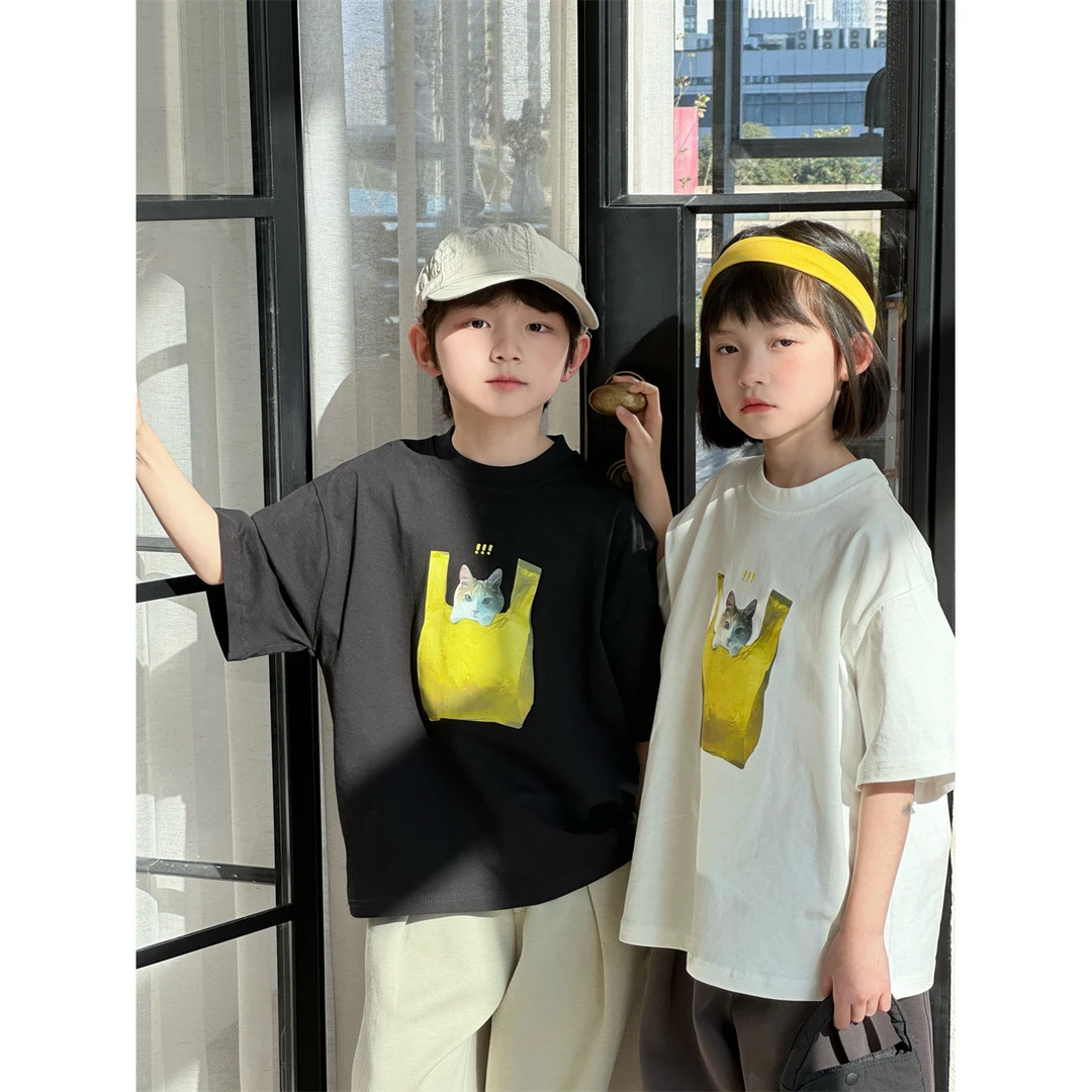 童短袖2025夏季新品韩版儿童卡通印花猫咪短袖男女童百搭宽松t恤