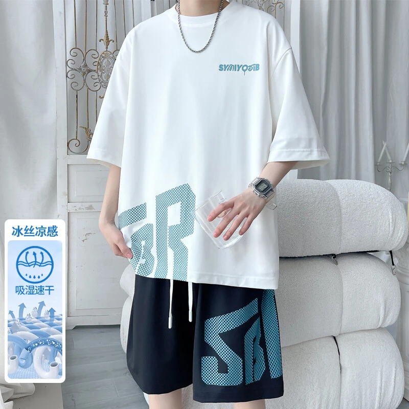 冰丝套装男生夏季新款青少年百搭速干印花休闲套装潮流薄款两件套