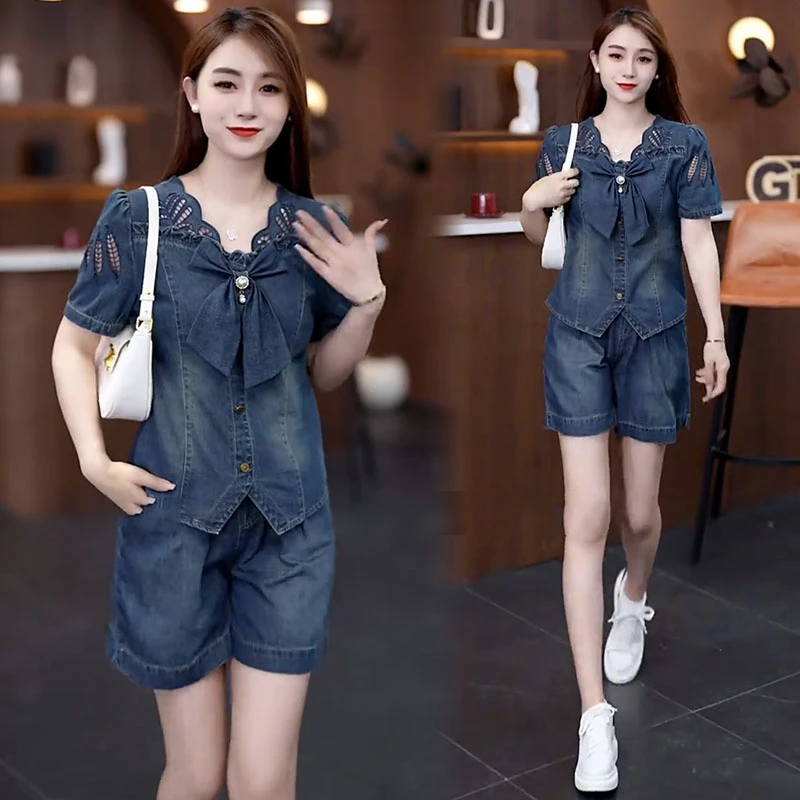 时尚牛仔套装女2025夏季新款洋气显瘦百搭休闲短袖上衣短裤两件套