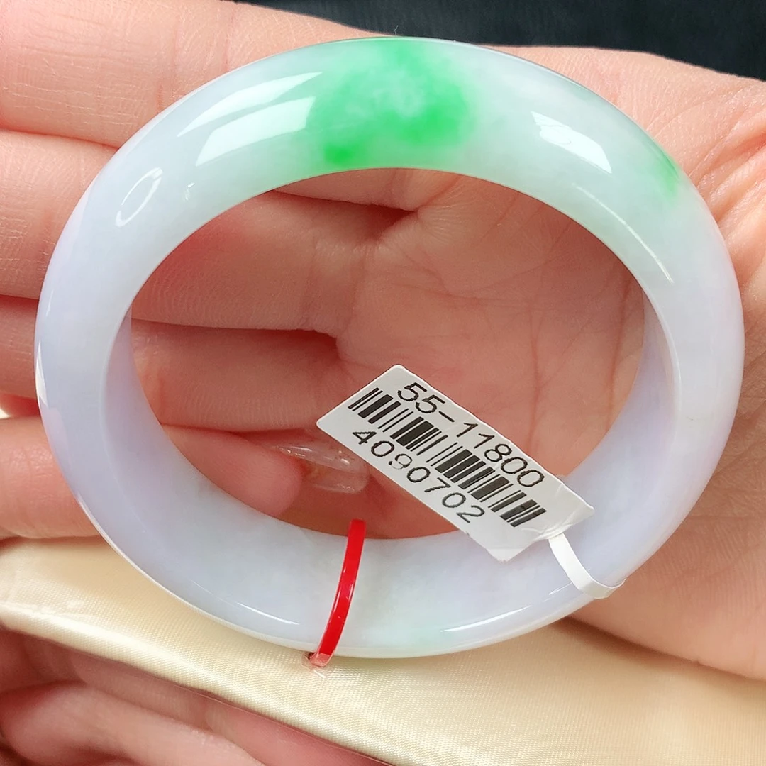 翡翠手镯未镶嵌宽板白底青正圈55圈口 45号