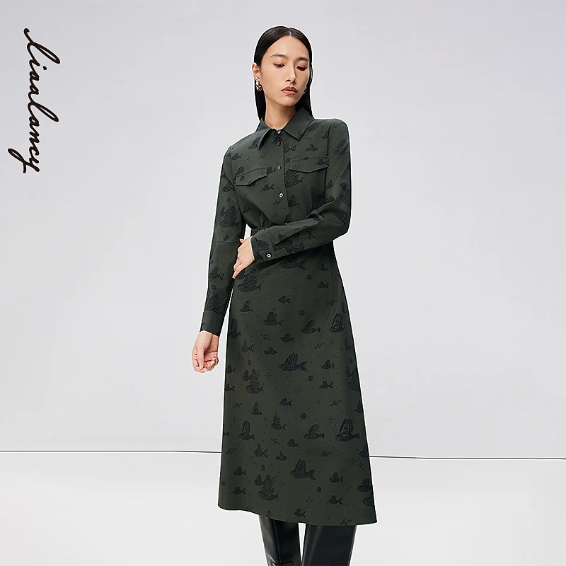 LANCY/朗姿24冬新款设计感印花收腰衬衫连衣裙高级感羊毛裙子女
