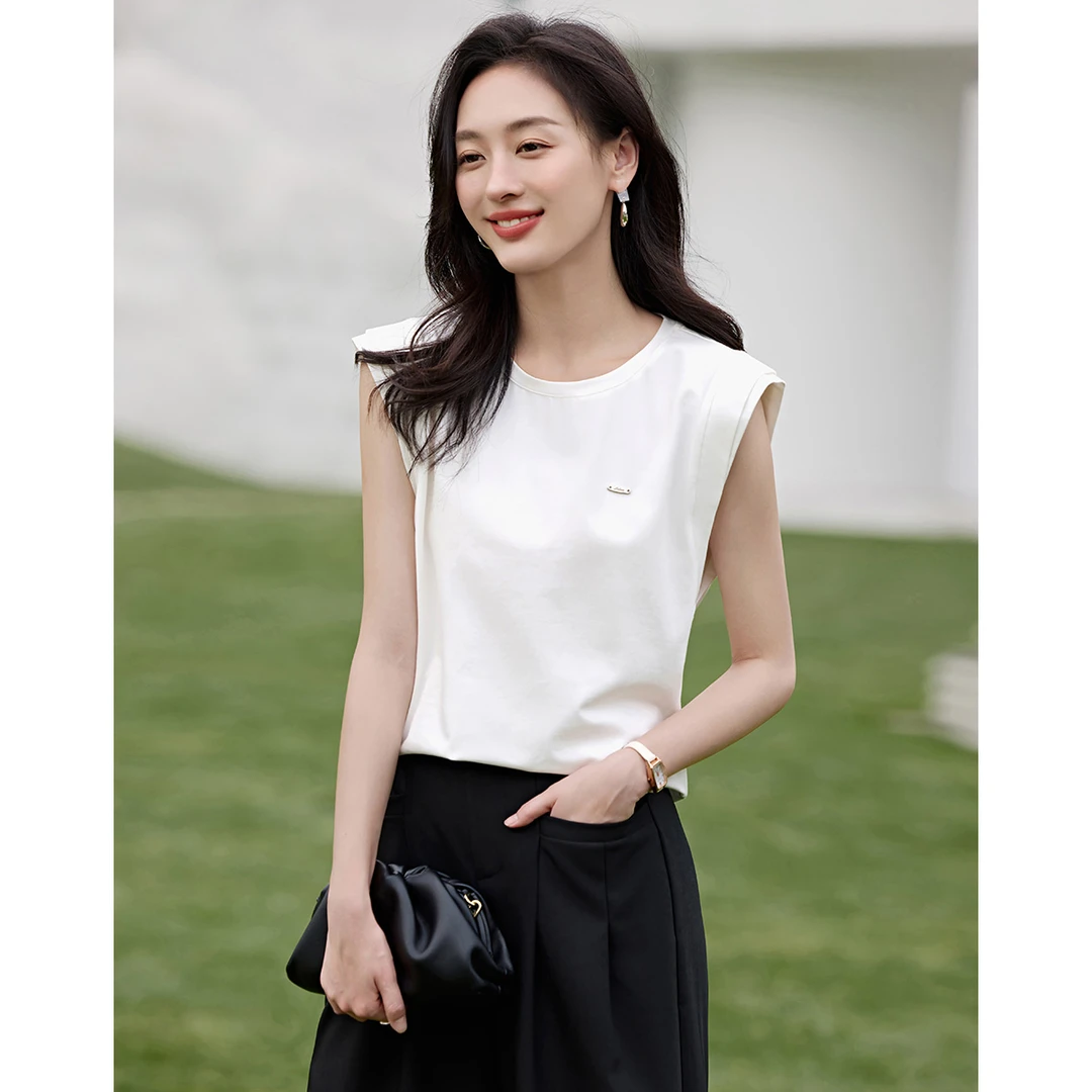 沫晗依美2025夏季新款时髦休闲小飞袖设计感圆领宽松T恤女士6397