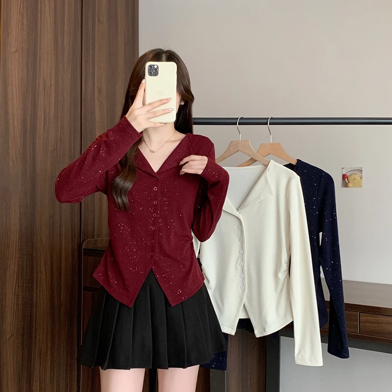 【小爱】2025秋冬新款胖mm大码女甜美烫钻满天星收腰显瘦长袖上衣