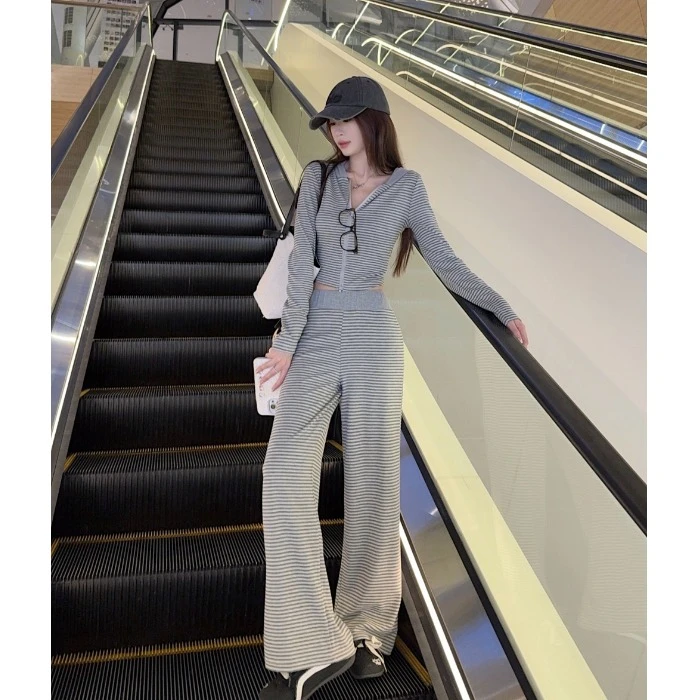 休闲条纹套装双拉链连帽长袖卫衣外套女秋季慵懒阔腿拖地裤两件套