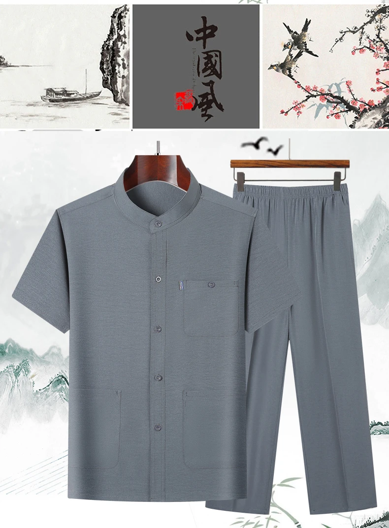 中老年男士夏装短袖衬衫立领爷爷爸爸装薄款短袖休息套装Ⅱ