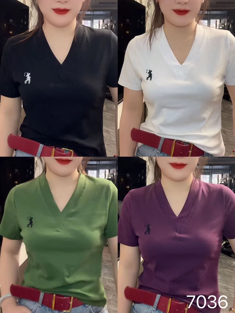 7036新款v领螺纹短袖