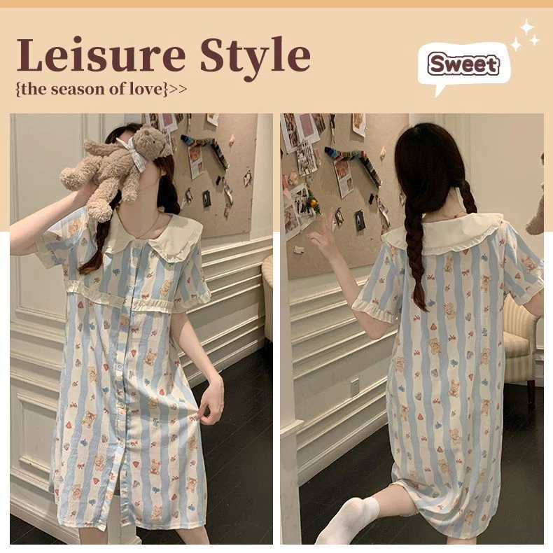 带胸垫睡裙女款夏季短袖2025新款开衫睡衣甜美公主风家居服长款裙