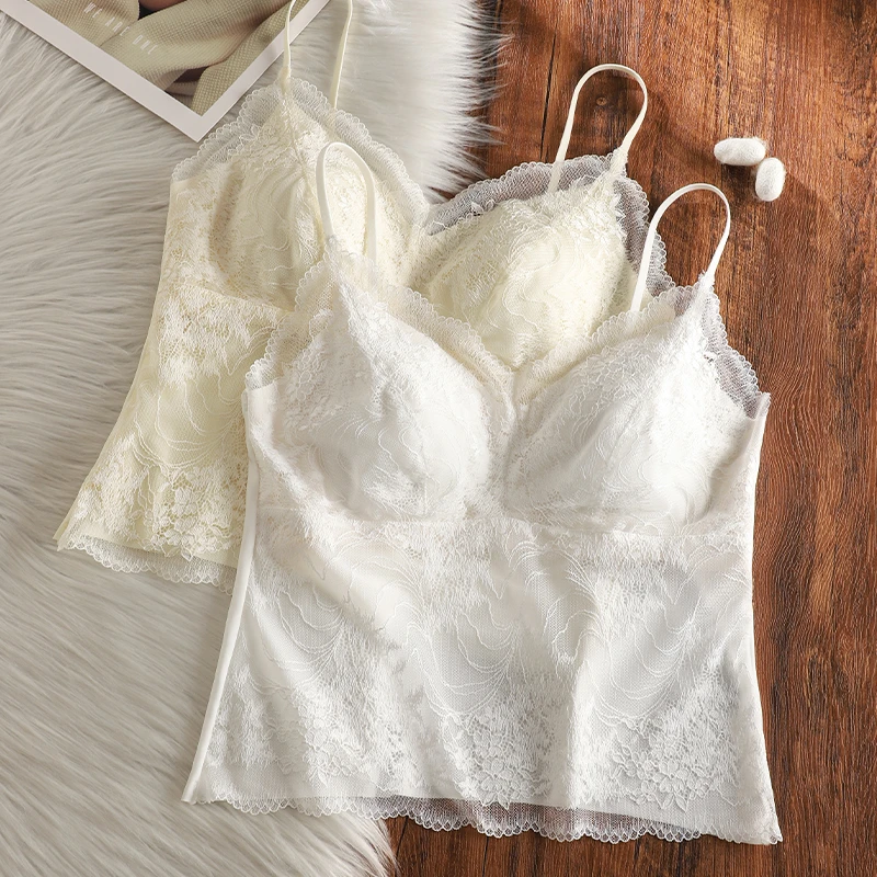 法式蕾丝吊带背心女内搭夏季薄款带胸垫美背文胸一体式打底上衣