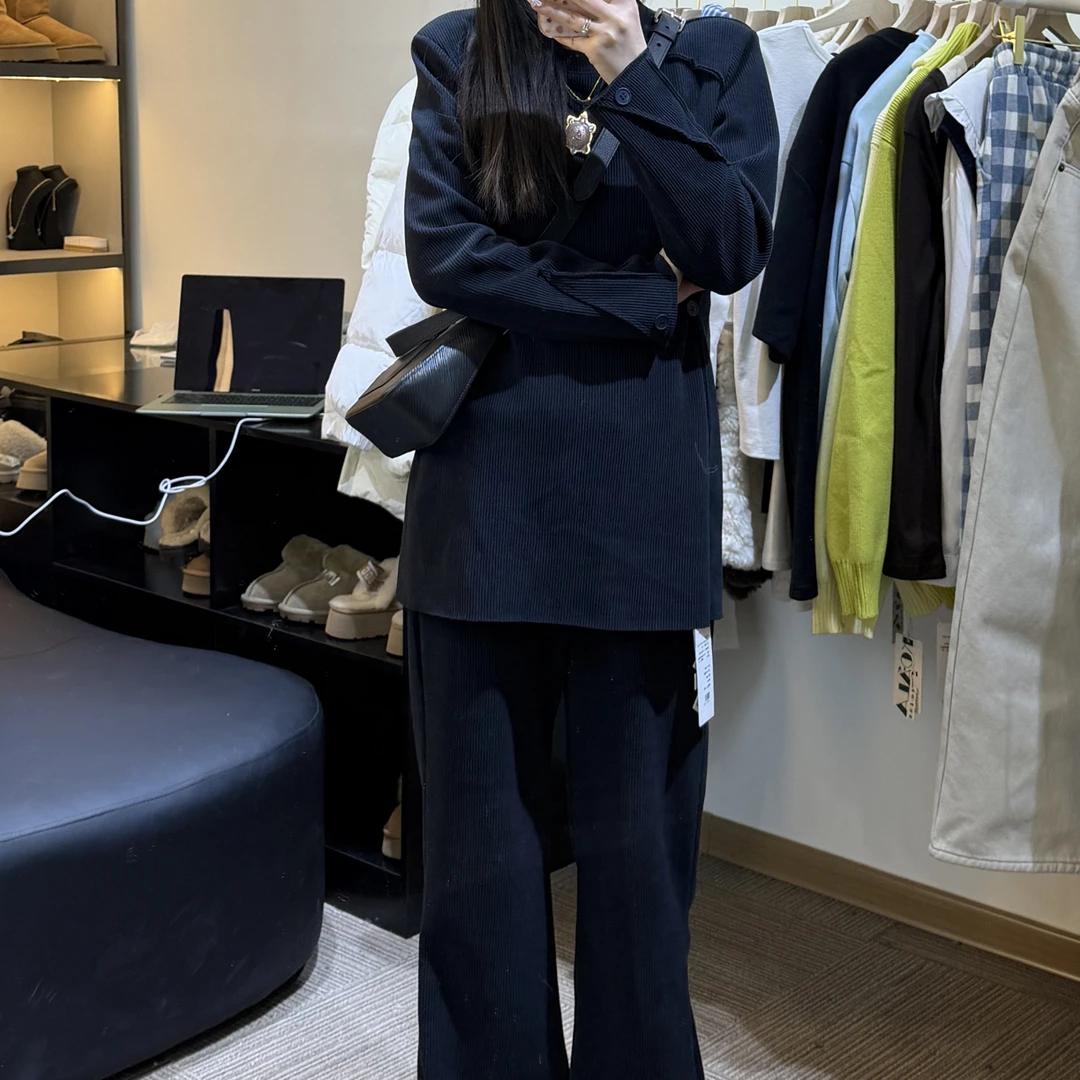 加厚慵懒风显瘦正肩上衣高腰阔腿裤两件套秋冬时尚休闲套装