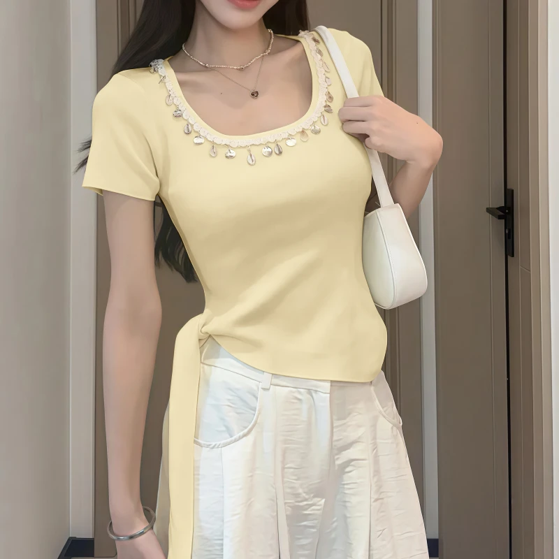 胖mm大码短袖女款爆款2025新款法式洋气设计感遮肉显瘦网红衣服女