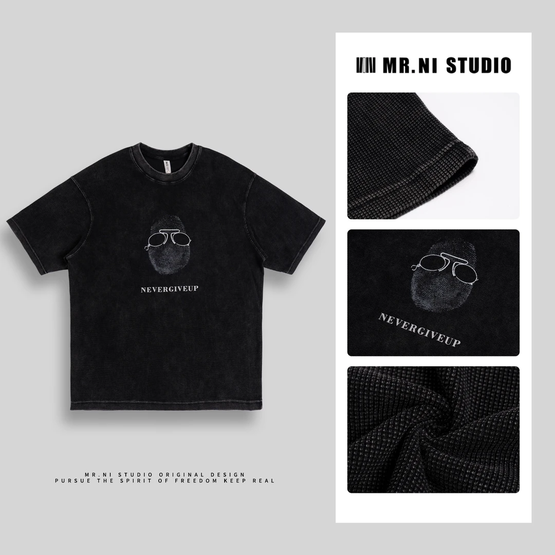 MR.NI/倪先生「颓废」复古美学洗水做旧呼吸网华夫格墨镜短袖T恤