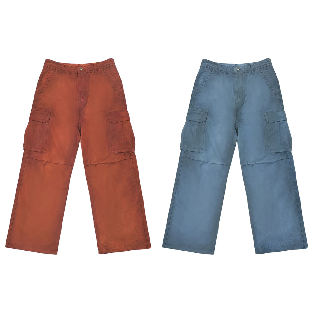 WANNA LAB 25SS 喷脏做旧脏破坏成衣定染色工装cargo打褶口袋长裤