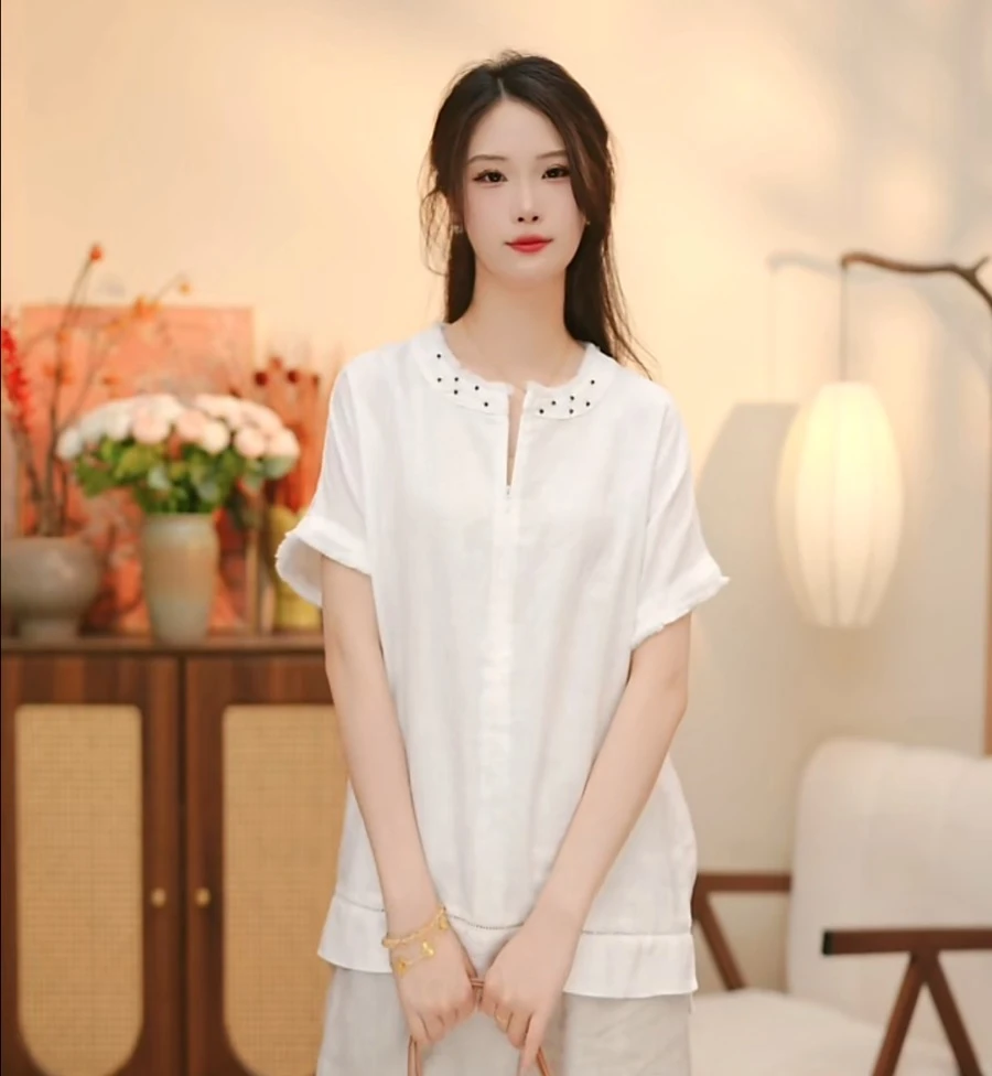 《洁白》纯色夏装钉珠短袖钩花小衫夏季中式宽松圆领休闲衬衫