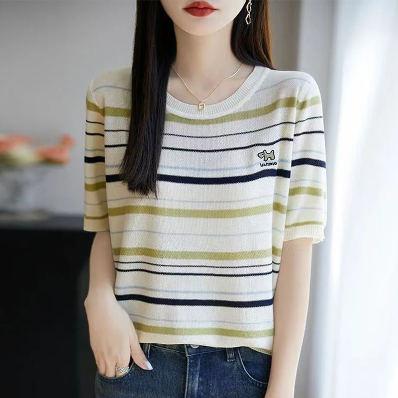 拼色条纹圆领100%莱赛尔短袖T恤女刺绣小狗半袖宽松打底上衣